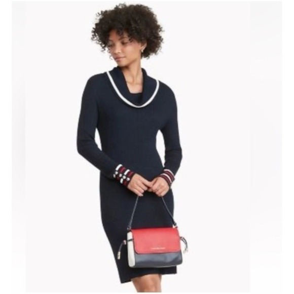 Tommy Hilfiger Dress XL Blue Cable Knit Sweater Cowl Neck Long Sleeve Preppy - Picture 1 of 6